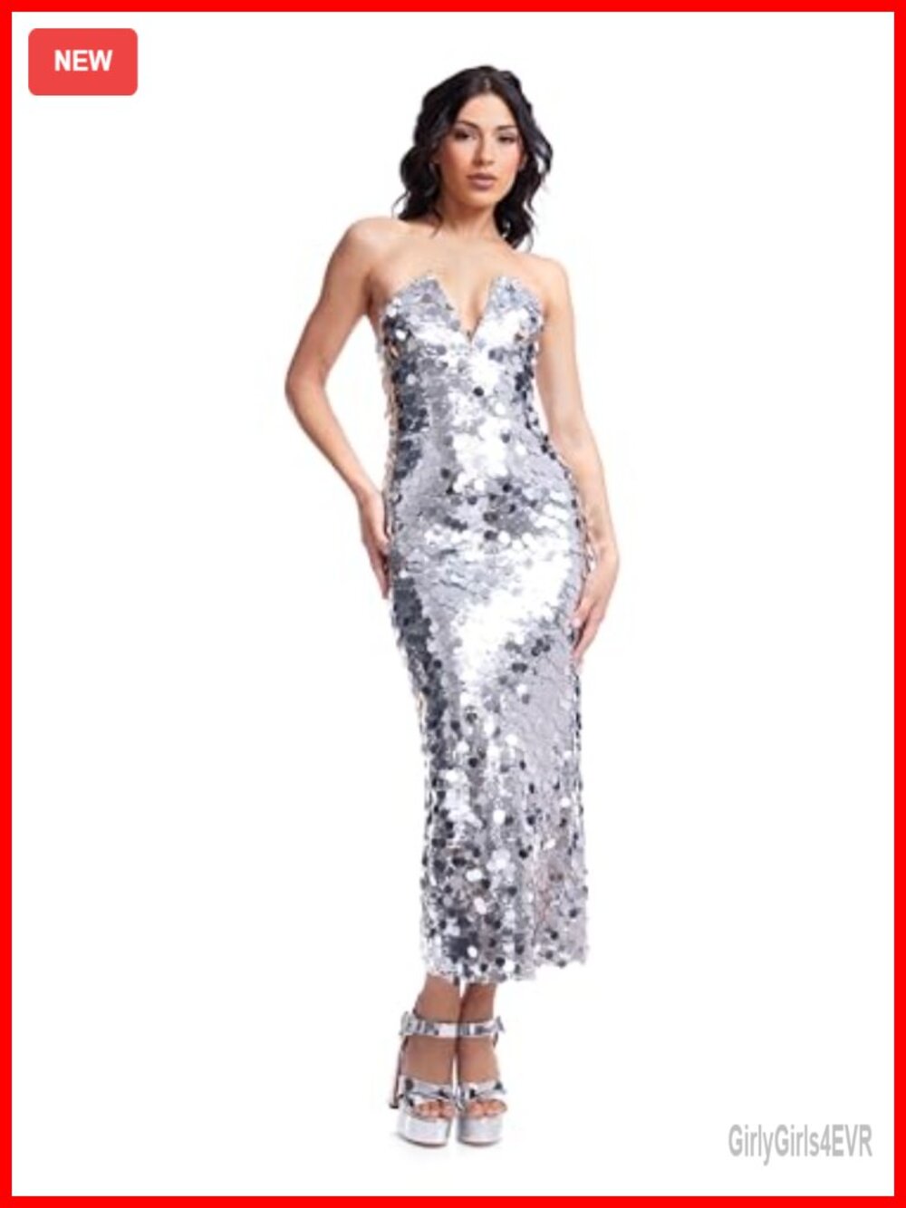 Metallic Sequin Strapless Bodycon Midi Dress for Cocktail Party